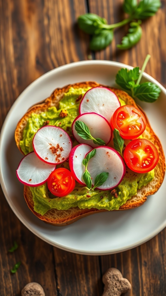 A colorful plate of avocado toast topped with radishes and tomatoes on a wooden table.